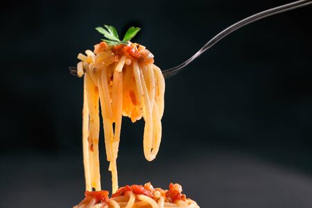 Fresh bite of hot spaghetti wrapped on fork against the dark black background. Shallow depth of field.の写真素材