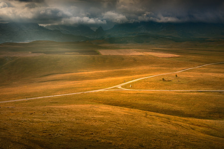 Crossroads on highland near the Durmitor mountain range from east side in clouds.の写真素材