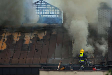 Fire fighting in reality on the roof of eight floor building, which lasted up to eight hours with...