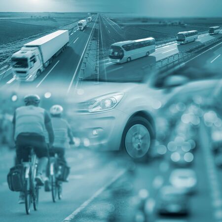 Commercial collage - banner - advertisment for the purposes of business success in the category of reliable transport and fast travel in blurred motion.の写真素材