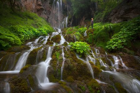 Many beautiful waterfalls in woods with green plants at misty morning and lone woman standing next...