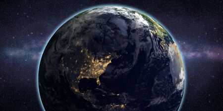 Space scene with distant galaxy and stars in the sky. Night lights on North America. Elements of...