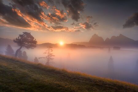 Mountain moody landscape at beautiful sunrise on Alpe di Siusi - Tyrol Italy.