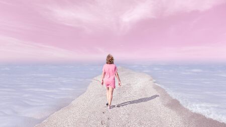 Lone woman in pink dress walking on narrow path above the clouds at sureal ambiance