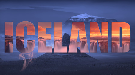 Travel collage of famous places on Iceland with elements of advertisement as a tourist attraction.の写真素材