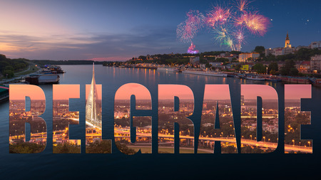 Travel collage of popular places in Belgrade with elements of advertisement as a tourist attraction.の写真素材