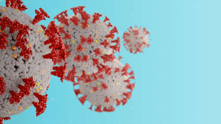 Coronavirus cells in air as realistic model on blue background. Covid-19 virus model as 3d illustration.の写真素材