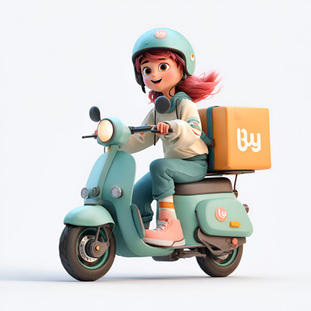 3D Render of a Cute Delivery Girl riding a scooterの素材