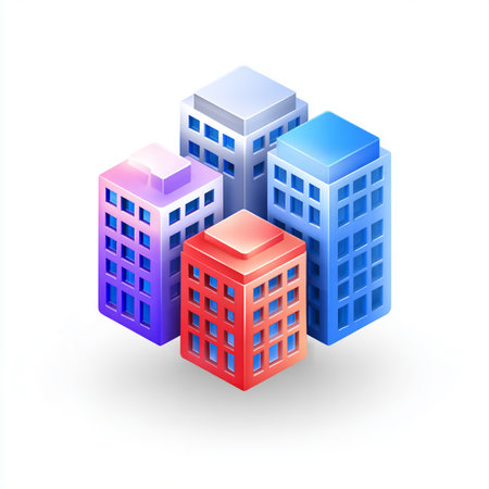 Isometric city icon. 3d vector illustration. Colorful buildings.の素材