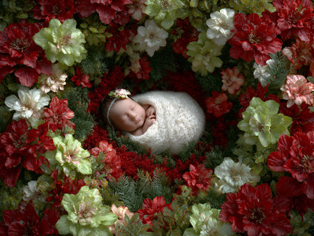 Newborn baby in a floral wreath of red and white flowersの素材