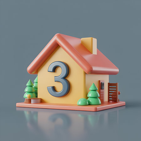 House with number 3. 3D illustration. Isolated on gray background.の素材