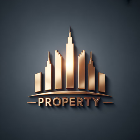 Real estate logo. Golden building on dark background. Vector illustration.の素材