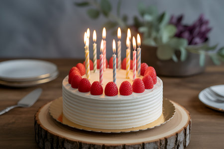 Birthday cake with strawberries and candles on the wooden table. Selective focusの素材