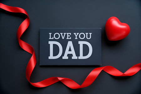 Black board with text LOVE YOU DAD and red heart on black backgroundの素材