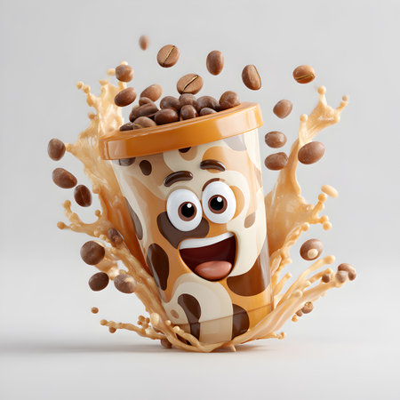 Coffee cup with coffee beans and milk splash. 3d illustrationの素材