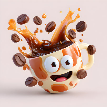 Coffee mug with coffee beans and splash. 3d illustrationの素材