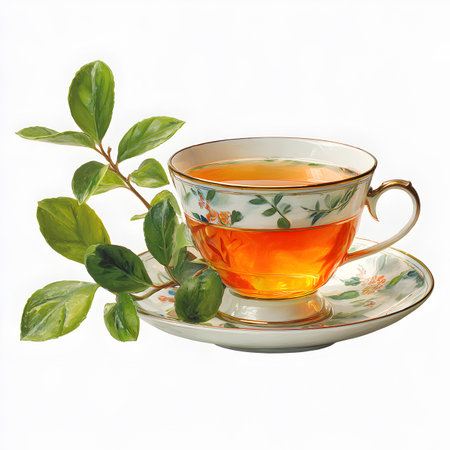 cup of tea with green leaves isolated on white background. 3d illustrationの素材