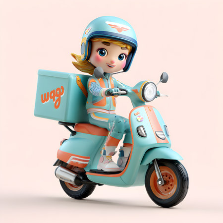 3D Render of a Cute Little Girl Riding a Motorcycleの素材