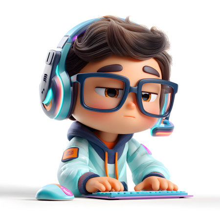 3D Render of a Little Boy with Headphones and Computer Keyboardの素材