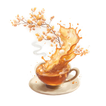 Cup of coffee with splashes and leaves. Vector illustration.の素材