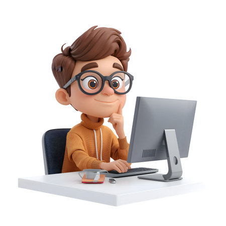 3d illustration. Cartoon boy sitting at the desk with a computer. Isolated white background.の素材