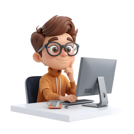 3d illustration. Cartoon boy sitting at the computer. Isolated white background.の素材