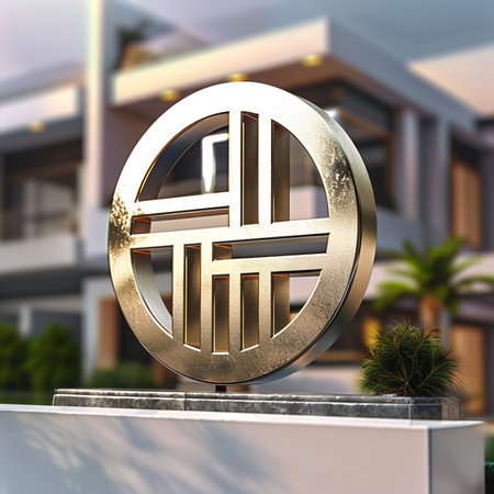 Luxury hotel with a round sign in the foreground. 3D renderingの素材