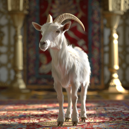 White goat with long horns stands on the carpet in oriental interiorの素材