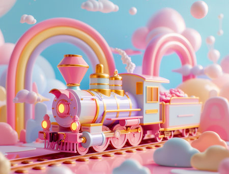3d illustration of retro steam train with rainbow, clouds and rainbowの素材