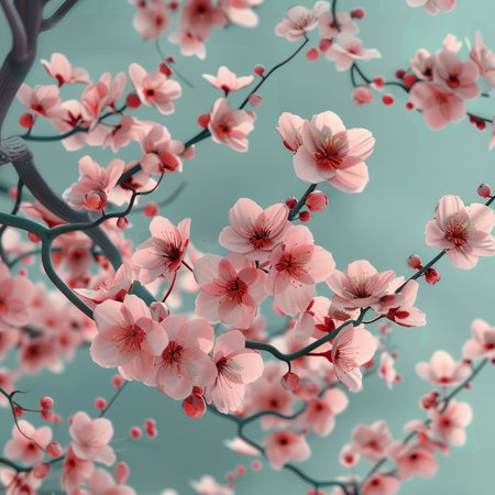 cherry blossom tree on blue background, vintage toned pictureの素材