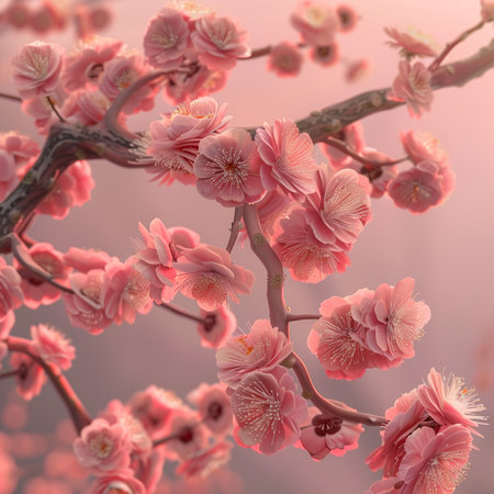 Plum blossom, pink flowers in the morning light with copy spaceの素材