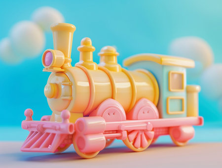 Vintage toy train on blue background with copy space for your textの素材