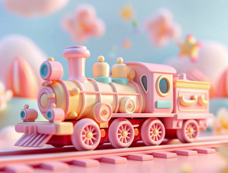 3d illustration of a cute toy train with flowers in the backgroundの素材