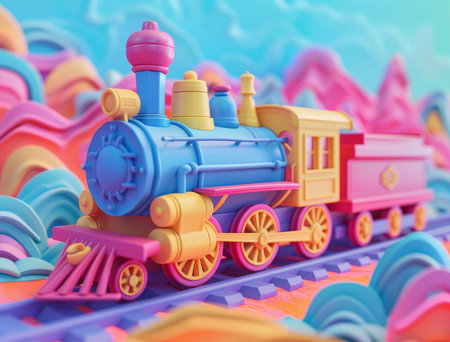 3d illustration of toy train on colorful background. 3d renderingの素材