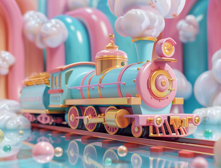 3d illustration of a toy train on a blue background with pink balloonsの素材
