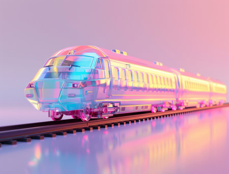 High speed train in motion. 3d illustration. Blue and pink colors.の素材