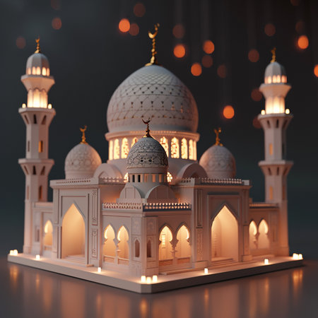 3d illustration of islamic mosque with lighted lanternsの素材