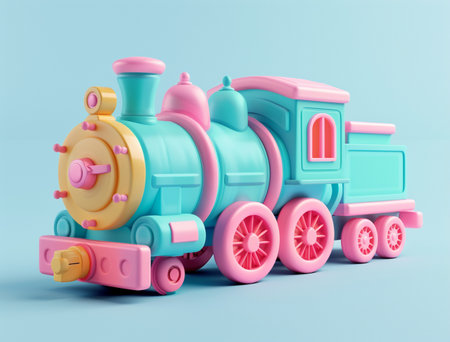 3d rendering of a toy train on a light blue background.の素材