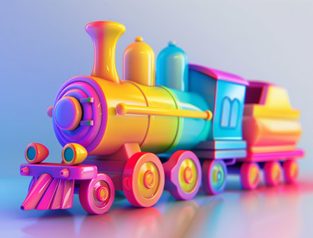 Train toy on a blue background. 3d illustration. Vintage style.の素材
