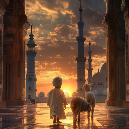 Sheep and lambs in front of the Sheikh Zayed Mosque in Abu Dhabi, UAEの素材