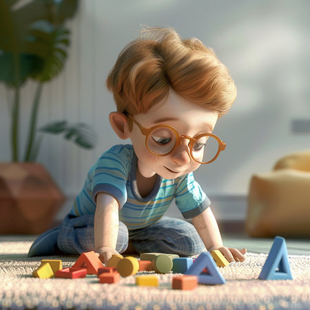 Cute little boy playing with educational toys at home. Early development conceptの素材