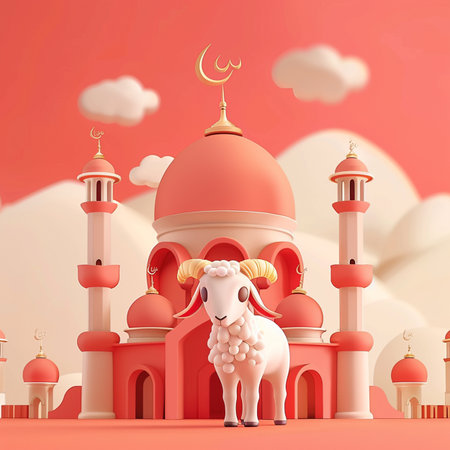 Sheep and mosque. Eid al adha background. Vector illustrationの素材