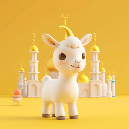 Cute white sheep with mosque background. 3d render illustration.の素材
