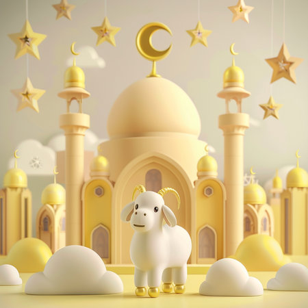 Ramadan Kareem greeting card. Cute sheep and mosque. 3D renderingの素材