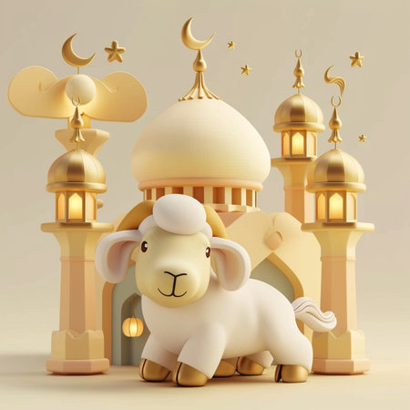 Sheep with mosque and crescent moon. 3D rendering.の素材