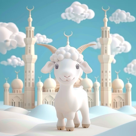 Sheep on the background of mosque and clouds. 3D renderingの素材