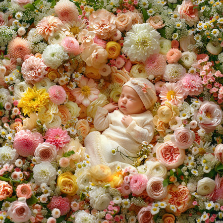 Newborn baby in a floral background of roses and daisiesの素材