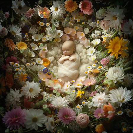 Little baby in a basket of flowers. Photo in old color image styleの素材