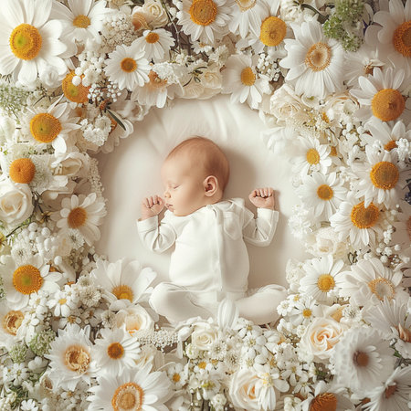 Cute newborn baby lying in a white circle surrounded by daisiesの素材