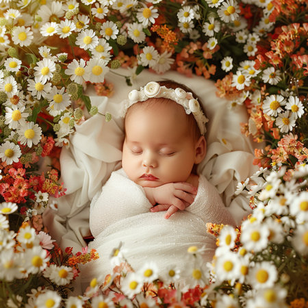 Cute newborn baby girl sleeping in a daisy flower field.の素材
